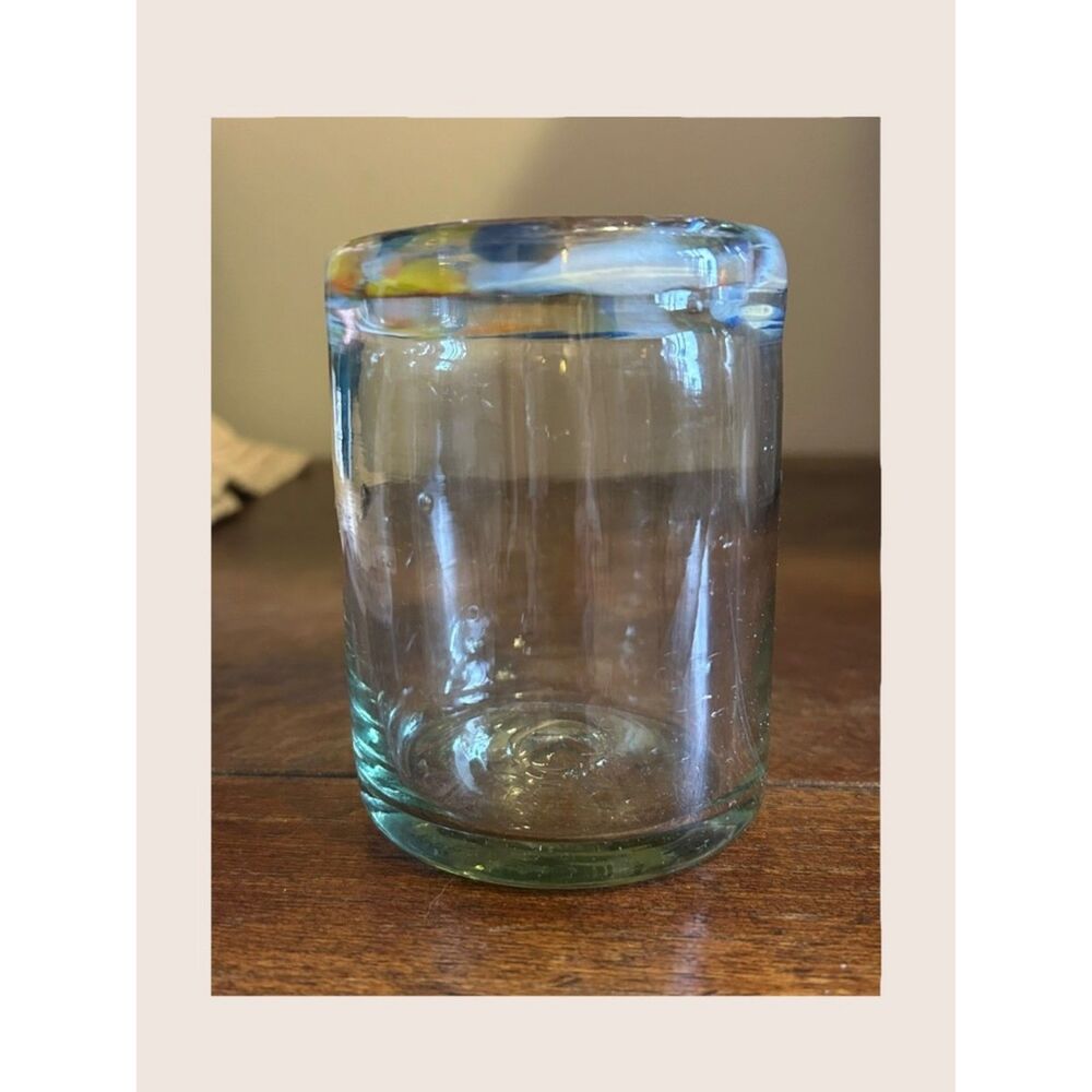 🎊 VTG HAND BLOWN CONFETTI RIM GREEN GLASS LOWBALL TUMBLER MEXICAN 4" TALL